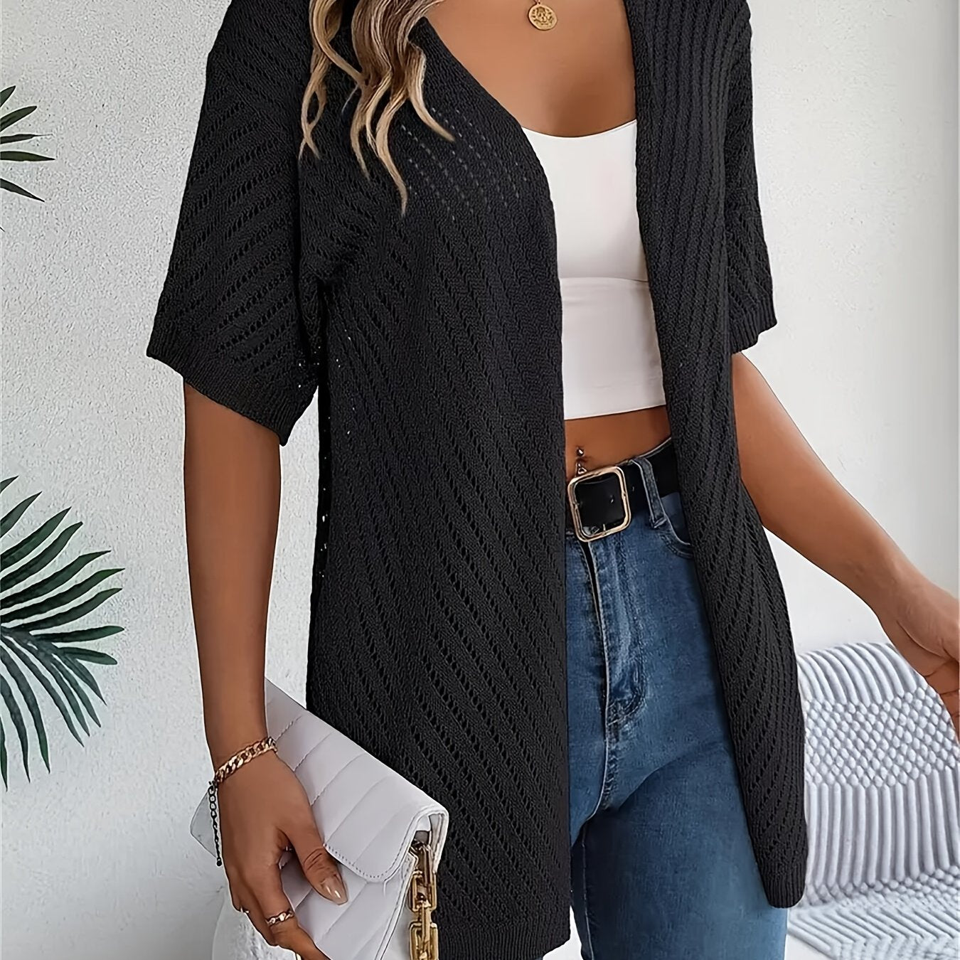 Plus o'lcham ayollar uchun krochet kardigan yengil nafas oladigan qisqa yengli bir rangli bahor yoz