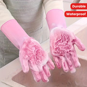 Waterproof Silicone Dishwashing Gloves Set of 2 Pink Blue Lead-Free Kitchen Household