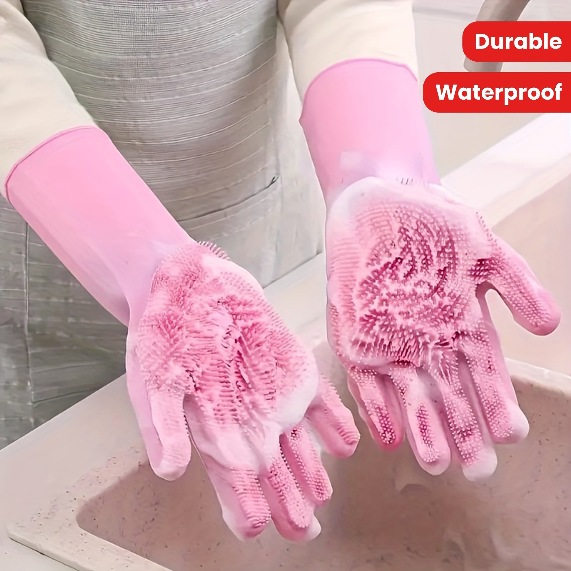 Waterproof Silicone Dishwashing Gloves Set of 2 Pink Blue Lead-Free Kitchen Household