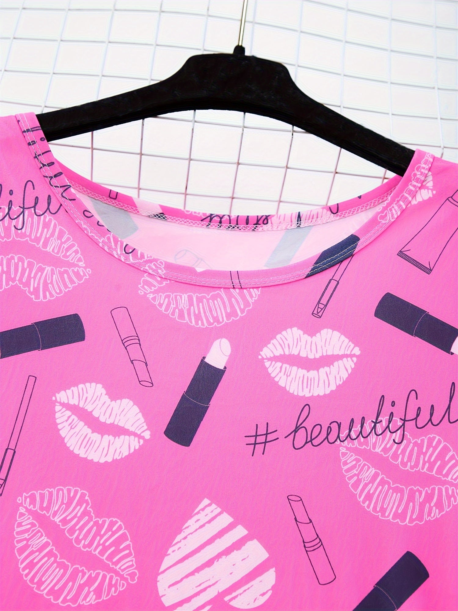 Women's Casual Nightdress Plus Size Red Heart Lip Print Sleep Dress