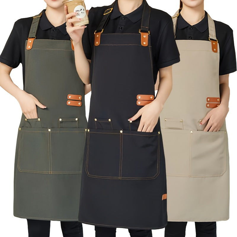 Waterproof Canvas Apron with Faux Leather Accents for Kitchen Catering and Coffee Shops