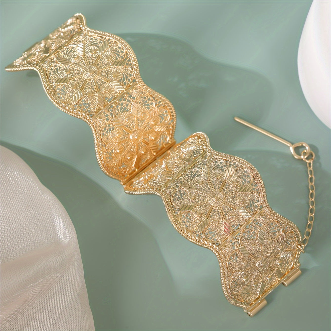 Women's Gold-Tone Alloy Open Cuff Bracelet Hollow Carved Design for Weddings and Ramadan