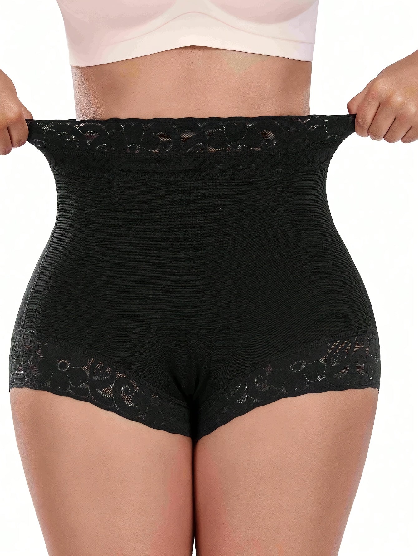 Women's High-Waist Black Shaping Shorts with Lace Detail Tummy Control Butt Lift