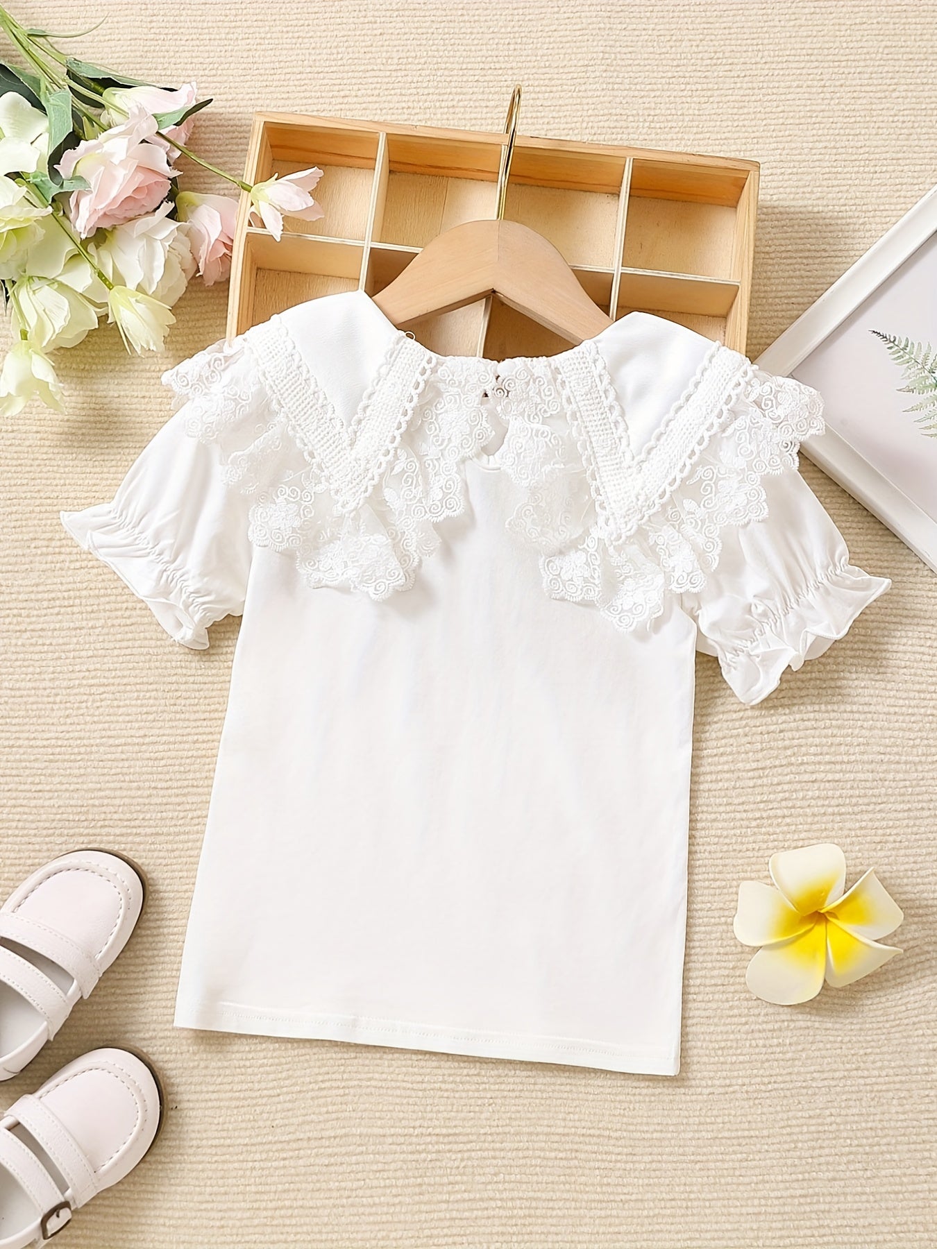 Girls' Cotton Knit Top with Lace Collar for Summer Breathable and Machine Washable