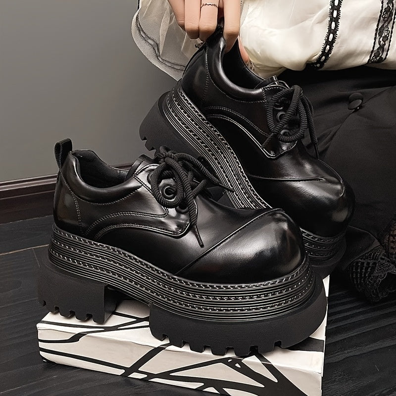 Women Chunky Platform Oxford Shoes Brown Lace-Up Ankle Boots Non-Slip Rubber Sole