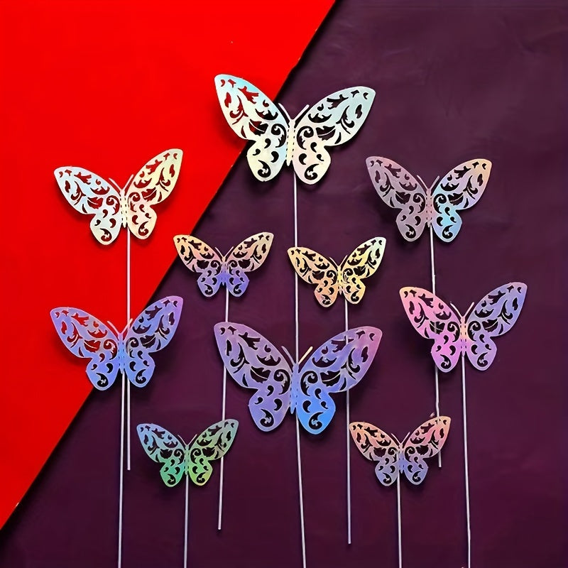 Set of 10 Gold and Silver Butterfly Cake Toppers Hollow Wall Stickers 3D Decorations