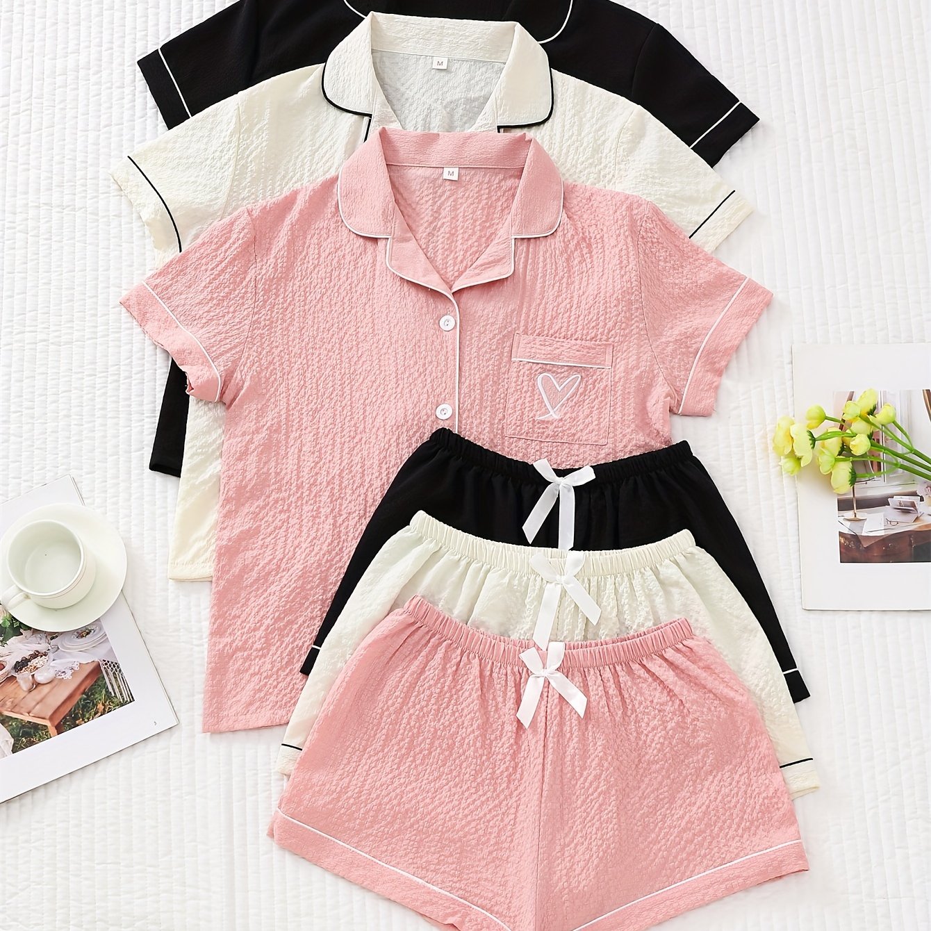 Women's Summer Pajama Set Short Sleeve Top and Bow Shorts 97% Polyester