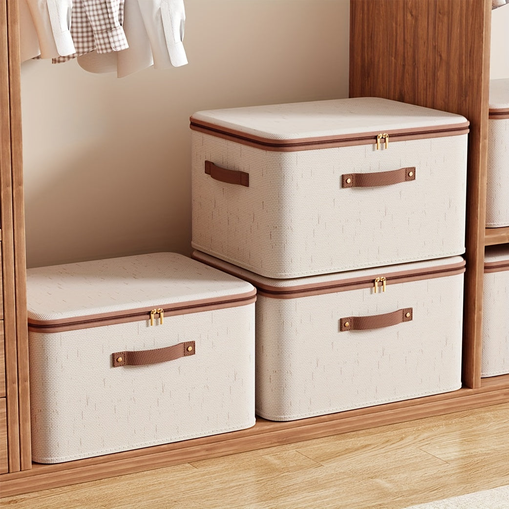 Champagne Fabric Storage Box with Lid Zipper Organizer for Clothes and Blankets Under Bed Dustproof Portable