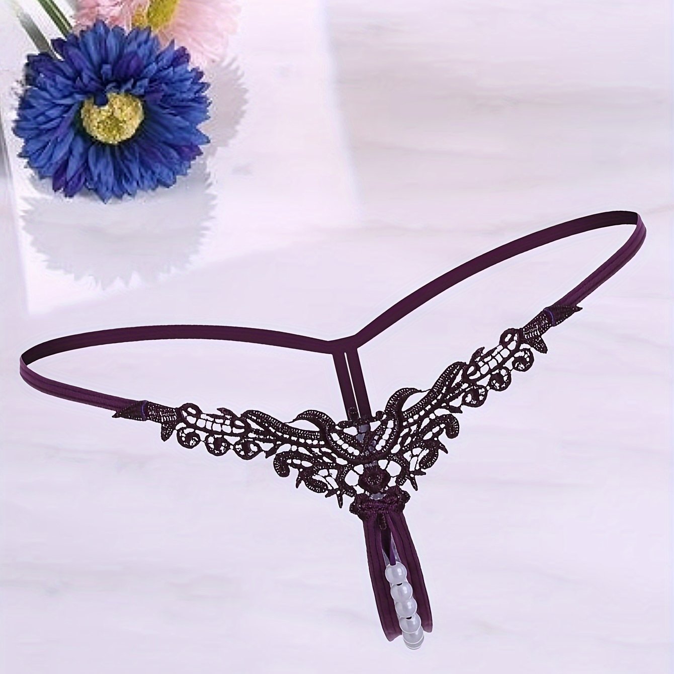 Women's Low-Rise Faux Pearl Thong Lingerie Underwear