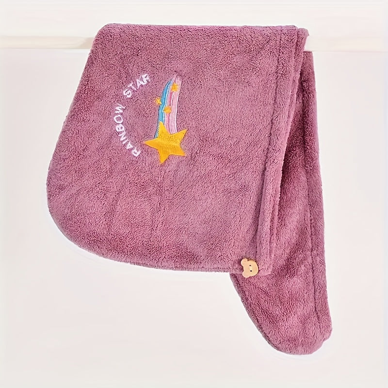 Embroidered Hair Towel with Button Soft Absorbent Quick Dry for Women