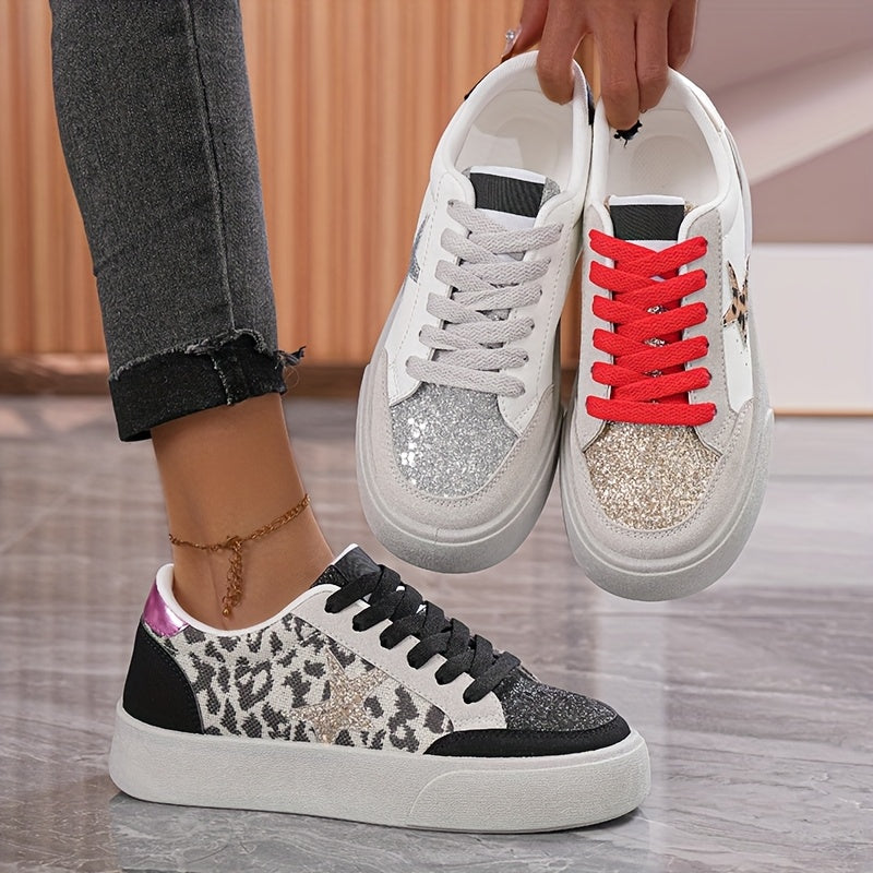 Women’s Leopard Print Casual Sneakers with Glitter Accents and Breathable Design