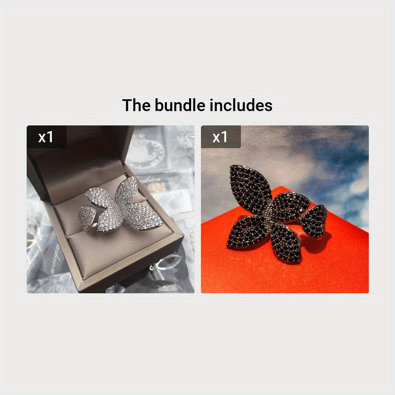 Zirconiyadan tayyorlangan to'liq uch o'lchovli to'rt yaproqli gullar uzukini o'z ichiga olgan zamonaviy va murakkab uniseks onlayn mashhur aksessuar.