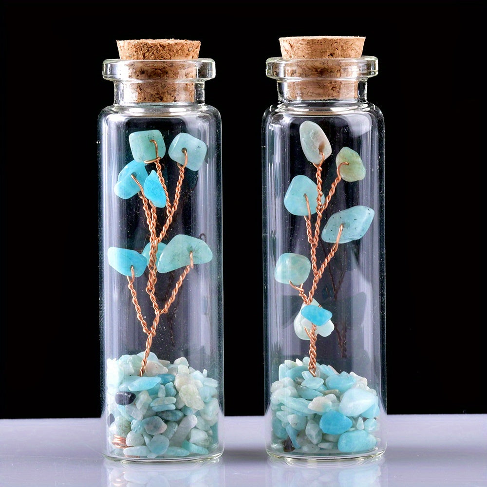 Botella de deseos de cristal con cristales naturales y árbol de la suerte para meditación y decoración