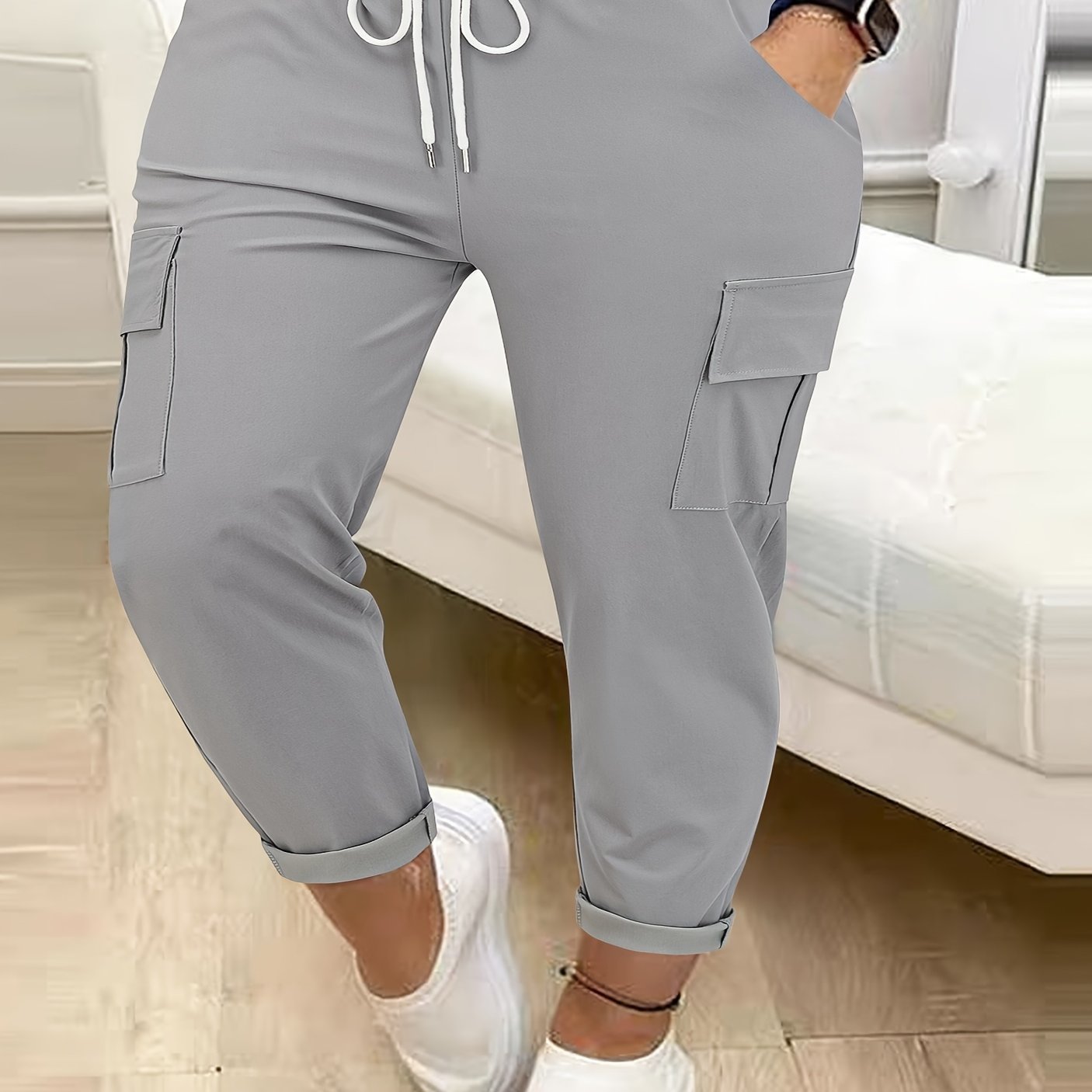 Plus Size Women Cargo Pants Polyester Blend Drawstring Waist All-Season