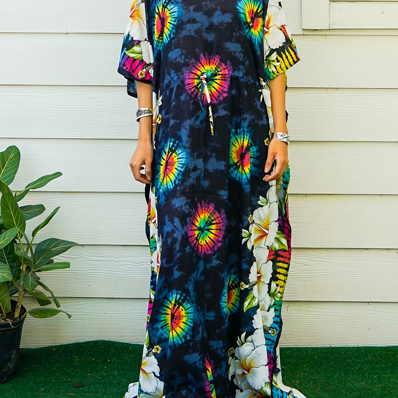 Women's Plus Size V-Neck Floral Print Kaftan Dress with Batwing Sleeves