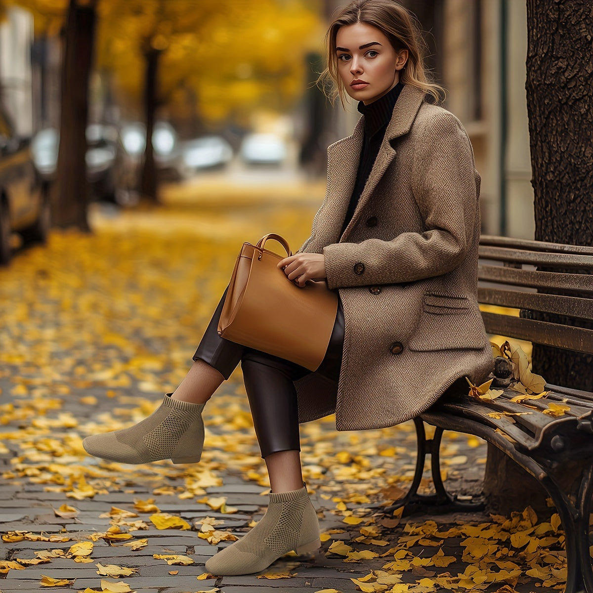 Women’s Knit Ankle Boots Breathable Mesh Low Block Heel Casual Shoes