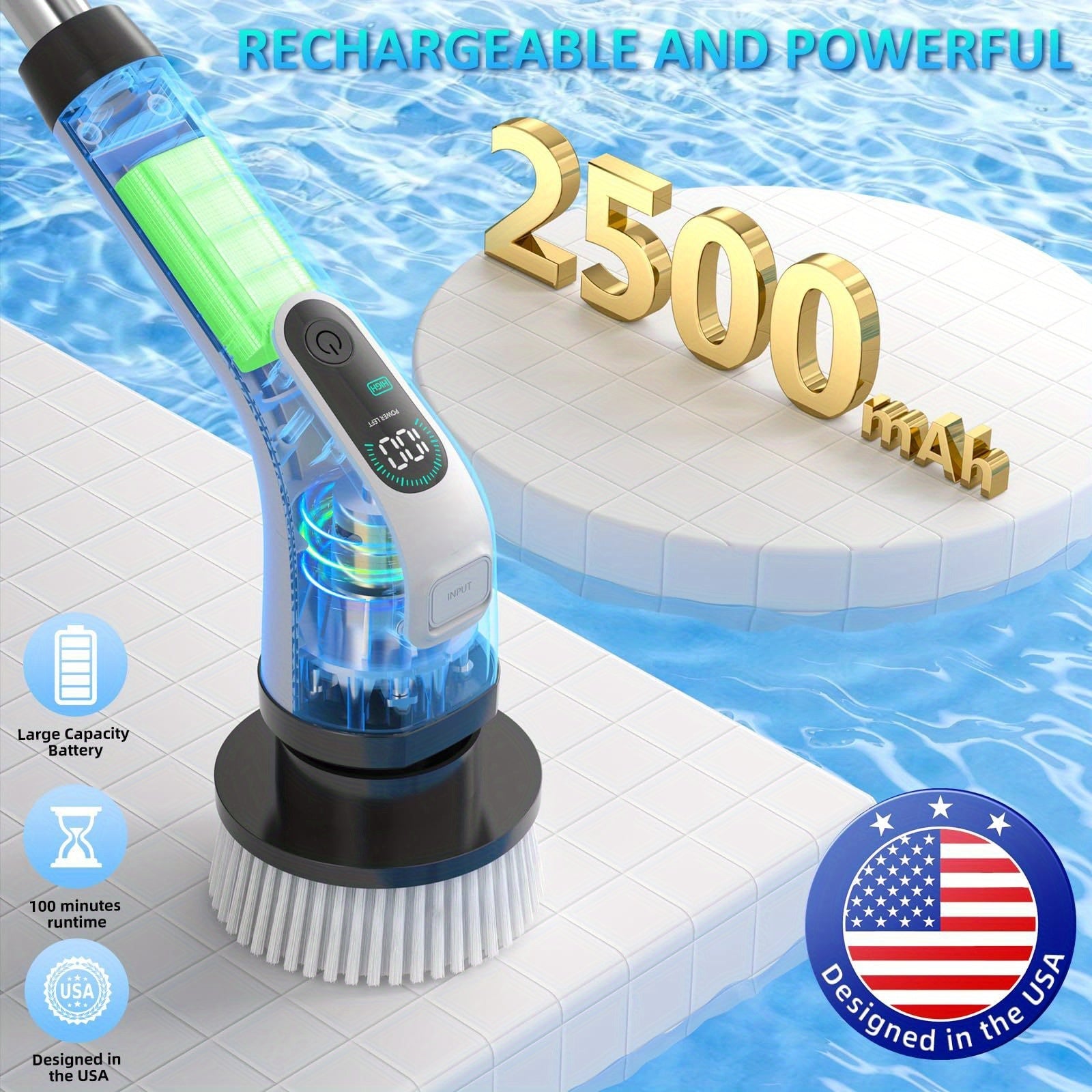 LED displey, 2 tezlik, 7 cho'tka boshli elektr spin scrubber to'plami