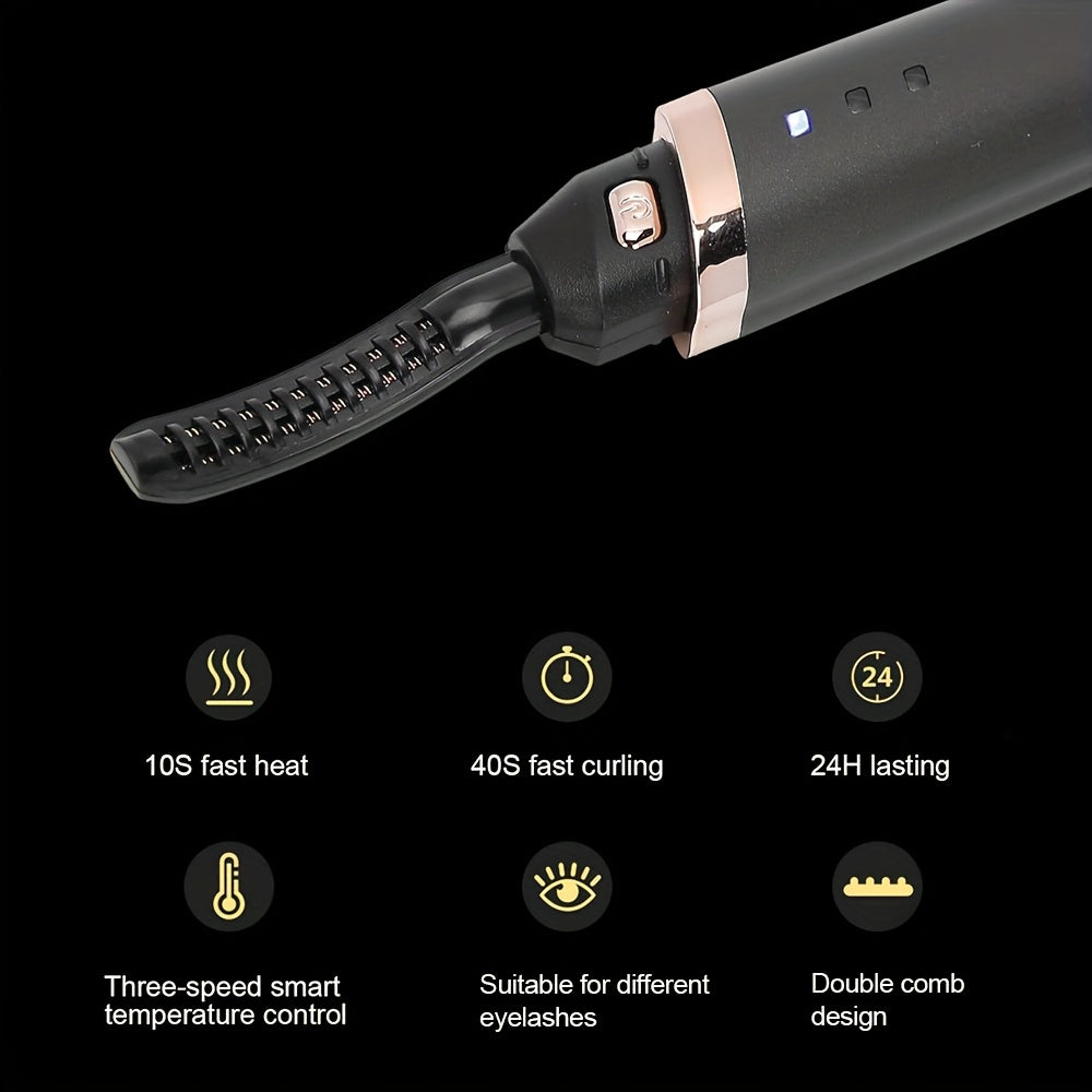 USB orqali zaryadlanadigan isitiladigan kirpik buruvchi, 3 ta isitish sozlamasi bilan - Ayollar uchun elektr kirpik buruvchi asbob, oson permalash, 280mAh batareya, qora/oltin, kirpik permalash asboblari