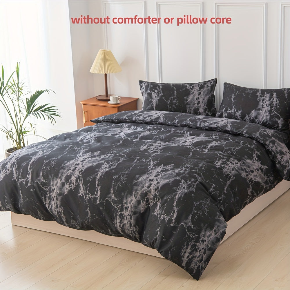 Black and White Marble Print Bedding Set 3 Piece Polyester Duvet Cover and Pillowcases