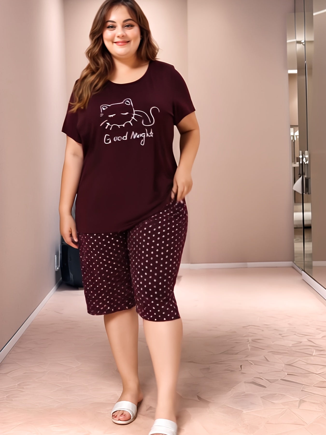 Women Casual Short Sleeve Pajama Set Large Size