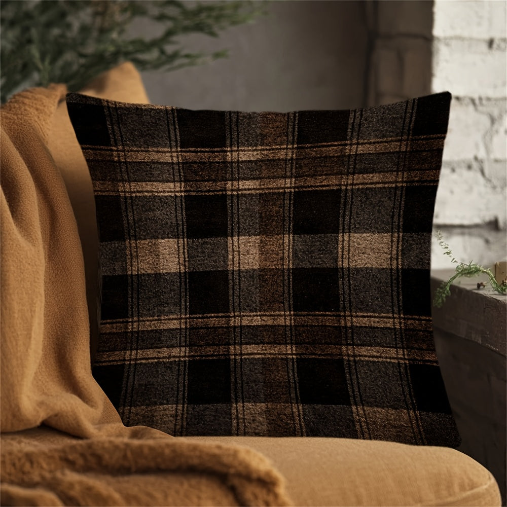 Dark Brown Plaid Pillow Cover with Hidden Zipper Polyester Fabric for Sofa and Chair