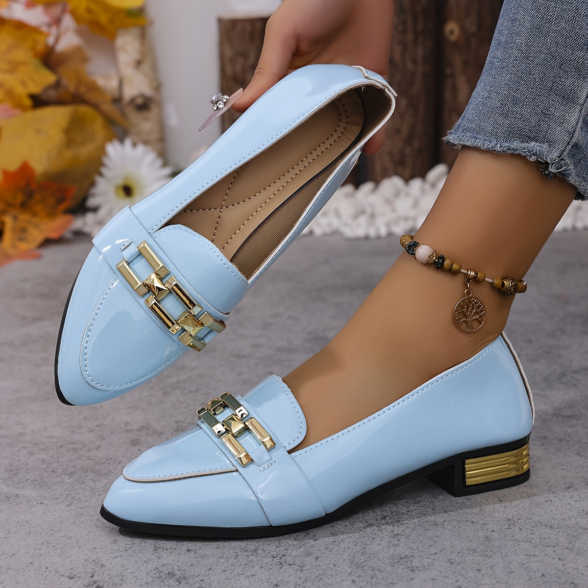 Women's Slip-On Loafers With Glitter Details Pointed Toe Mid-Heel Shoes