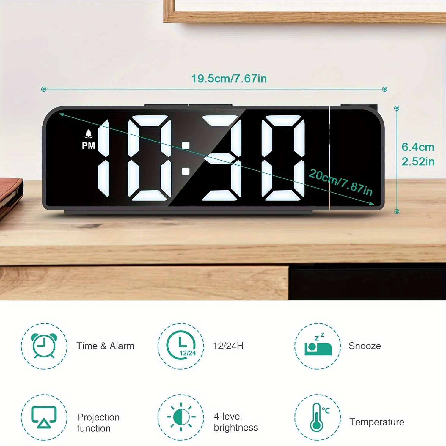 LED Projection Alarm Clock with 180° Rotatable Projector Adjustable Brightness Temperature Display USB Powered for Bedroom or Home Office