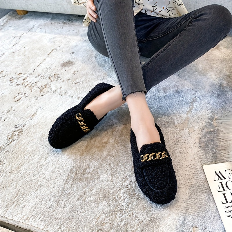 Women's Cozy Slip-On Winter Shoes with Golden Chain Black Beige Indoor Outdoor