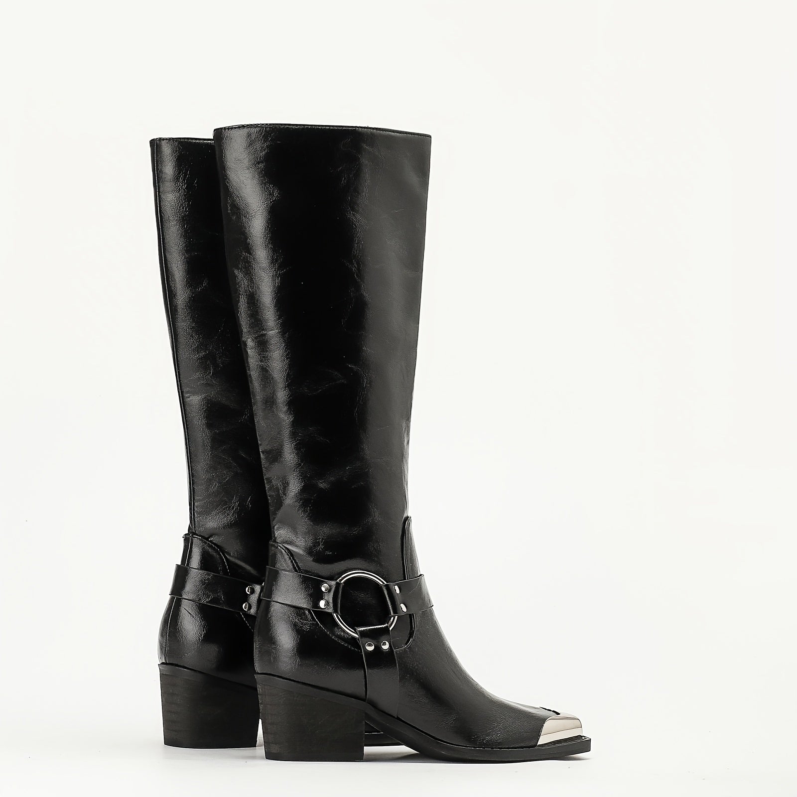 Women's Knee-High Leather Cowboy Boots with Chunky Heel and Wide Calf