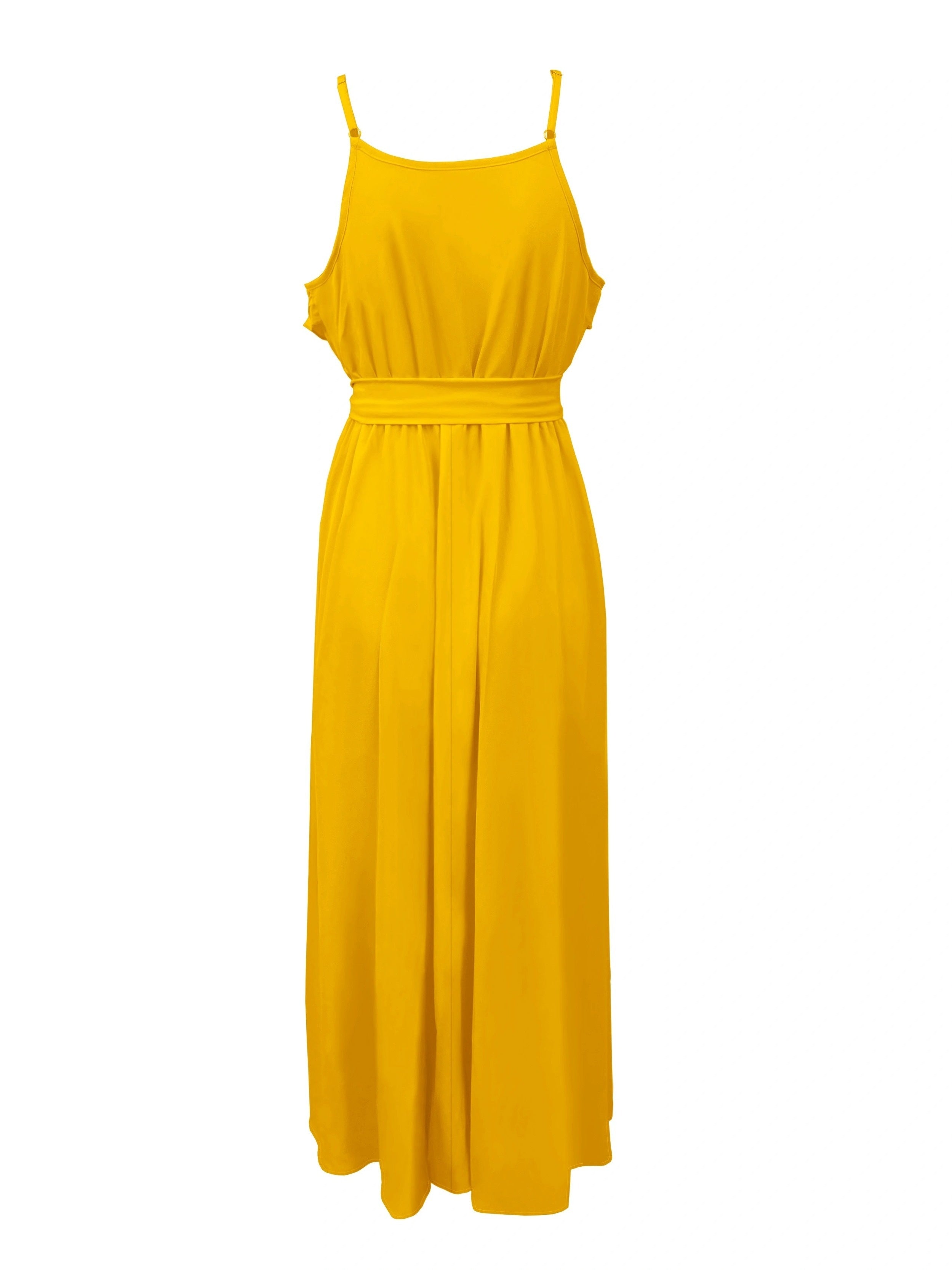 Women's Sleeveless Maxi Dress with Ruffle Trim and Tie Waist Polyester Elegant Spring Summer