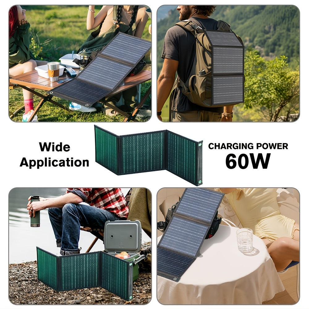 Foldable Solar Power Bank 60W USB and 18V DC Outputs for Camping and Travel