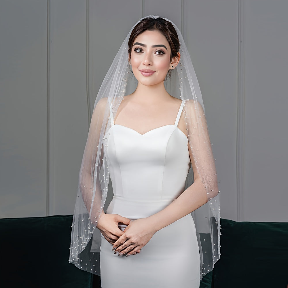 Bridal Veil with Imitation Pearls and Comb Nylon Wedding Accessory