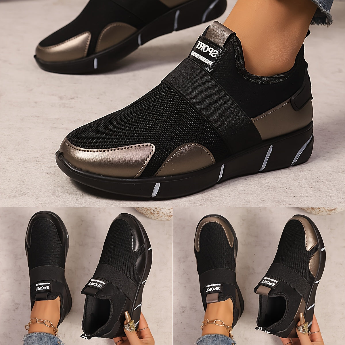 Women's Slip-On Sneakers Lightweight Knit Breathable Casual Shoes Black Gold