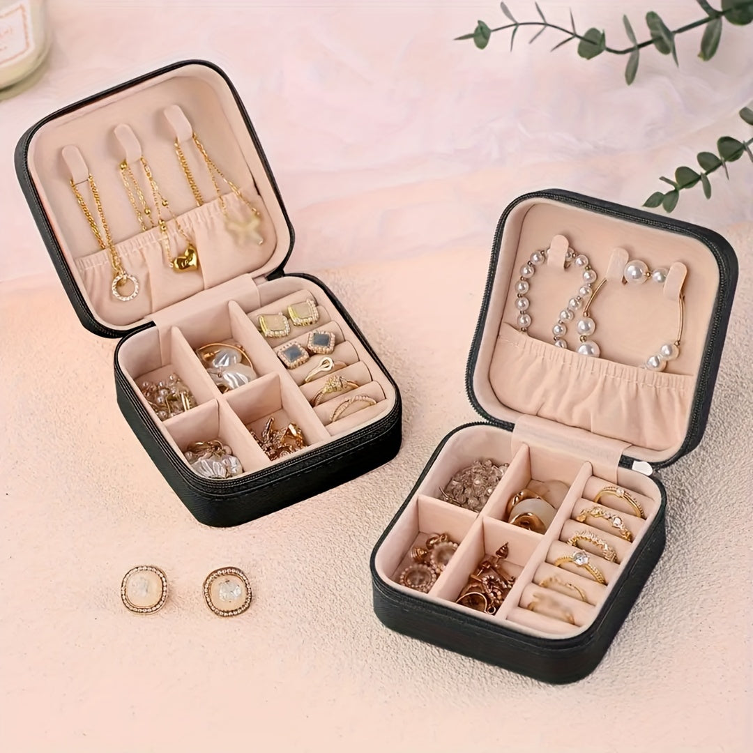 Organizador de joyas rectangular con cremallera para viaje y hogar, forrado de tela para pendientes, anillos y collares