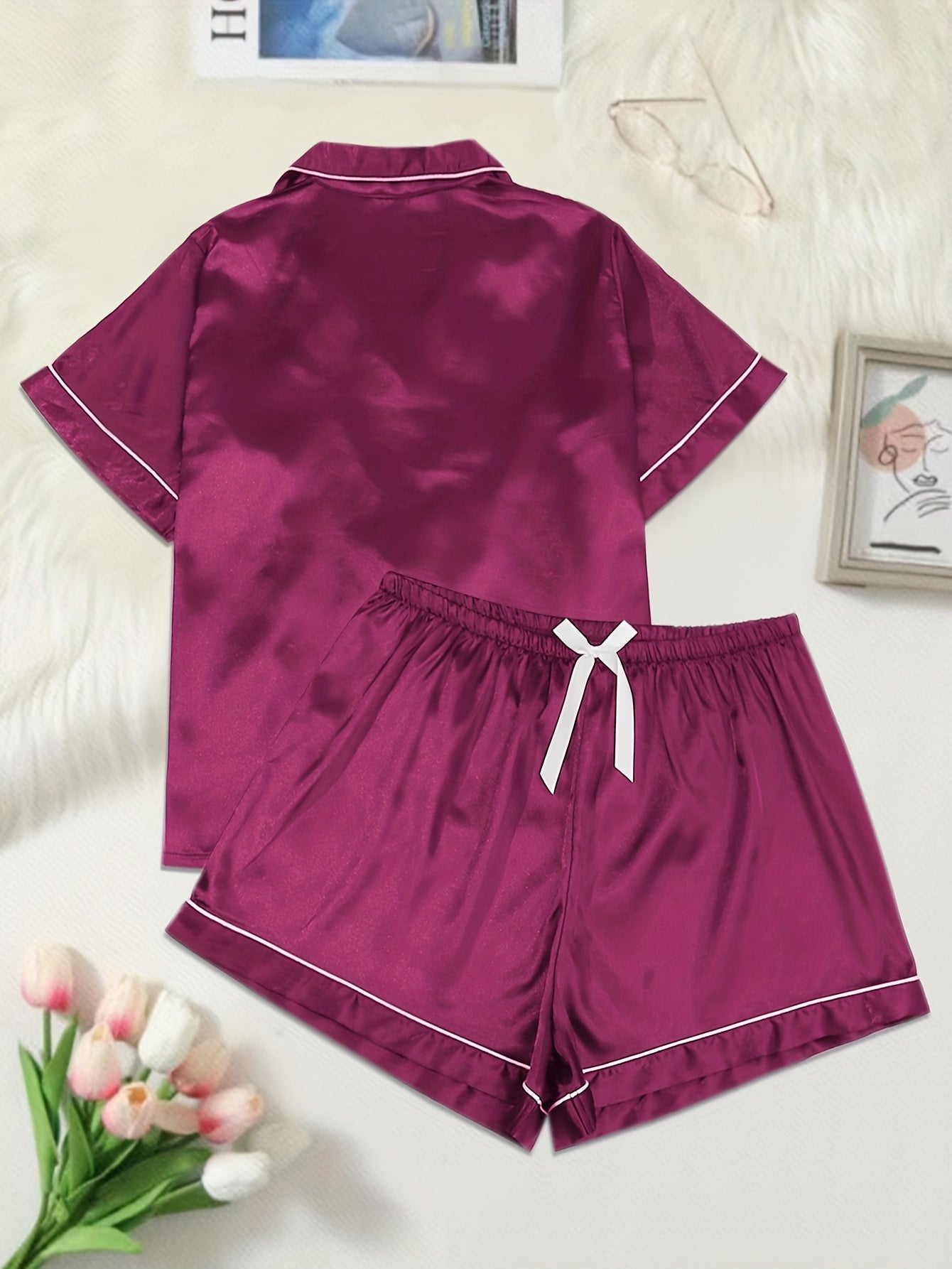 Plus Size Satin Pajama Set Women Short Sleeve Button Lounge Two Piece