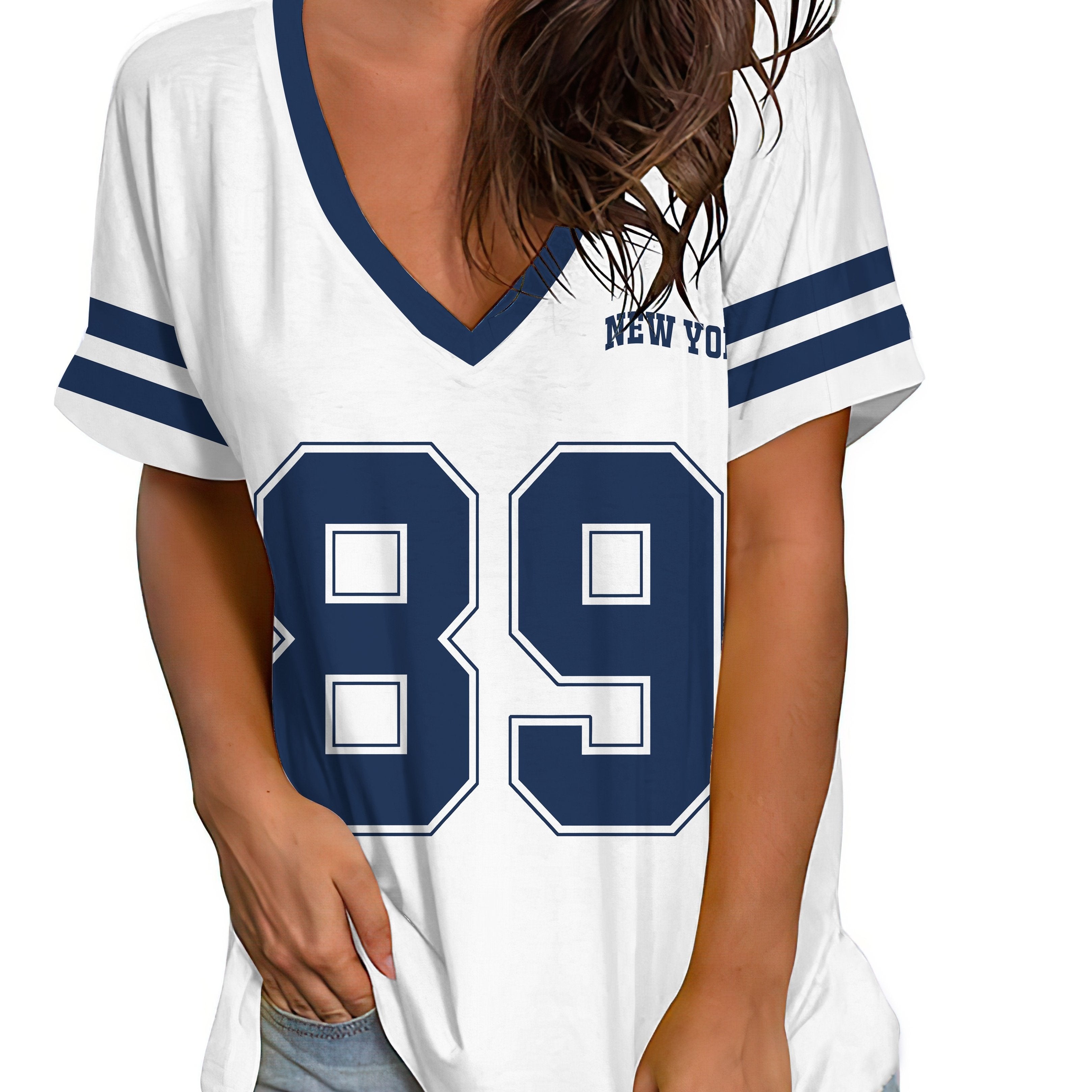 Camiseta casual de manga corta con escote en V y estampado 89 para tallas grandes de mujer