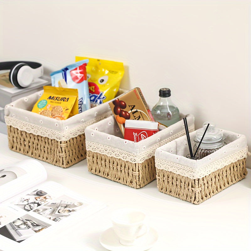 cestas de almacenamiento de ratán tradicional con detalles de encaje para organización del hogar