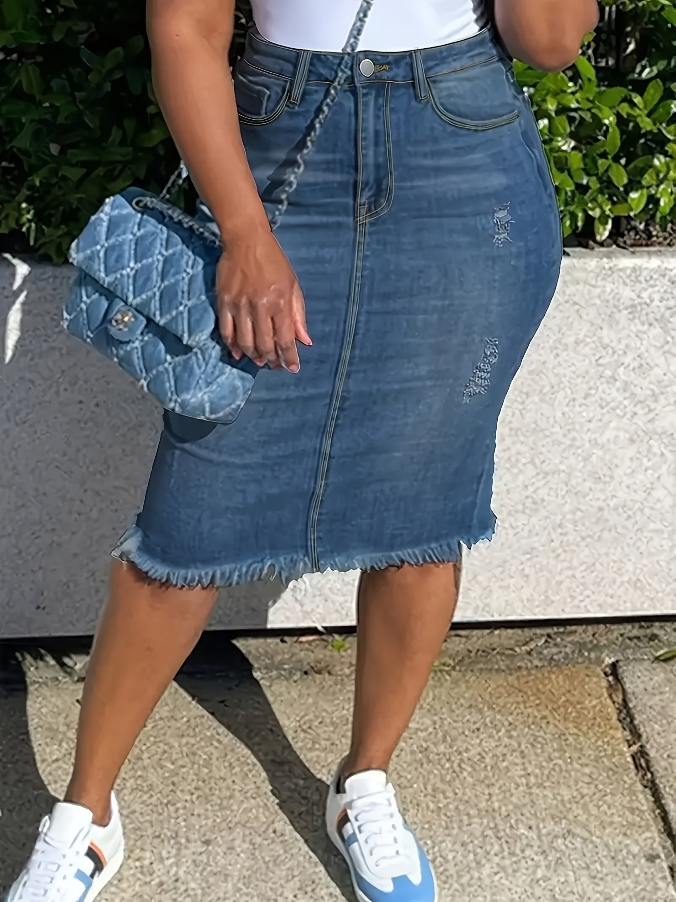 Plus Size Boho Chic Denim Midi Skirt for Women Stretchy Frayed Hem