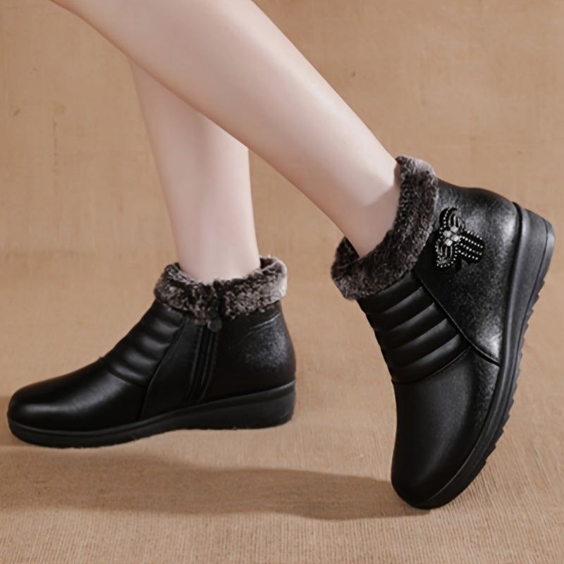 Women's Faux Fur Ankle Boots with Plush Lining Non-Slip Sole Red Bow