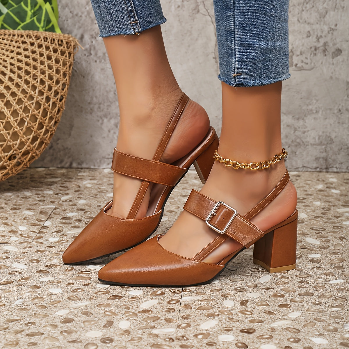 Women's Black Block Heel Sandals with Pointed Toe Slip-On Fall Footwear