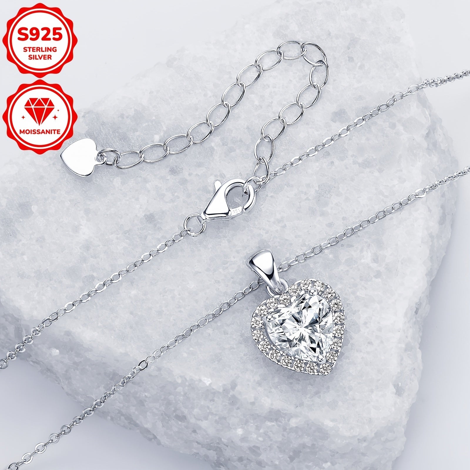 Women's Heart-Shaped Sterling Silver Necklace with 2ct Moissanite Halo Pendant