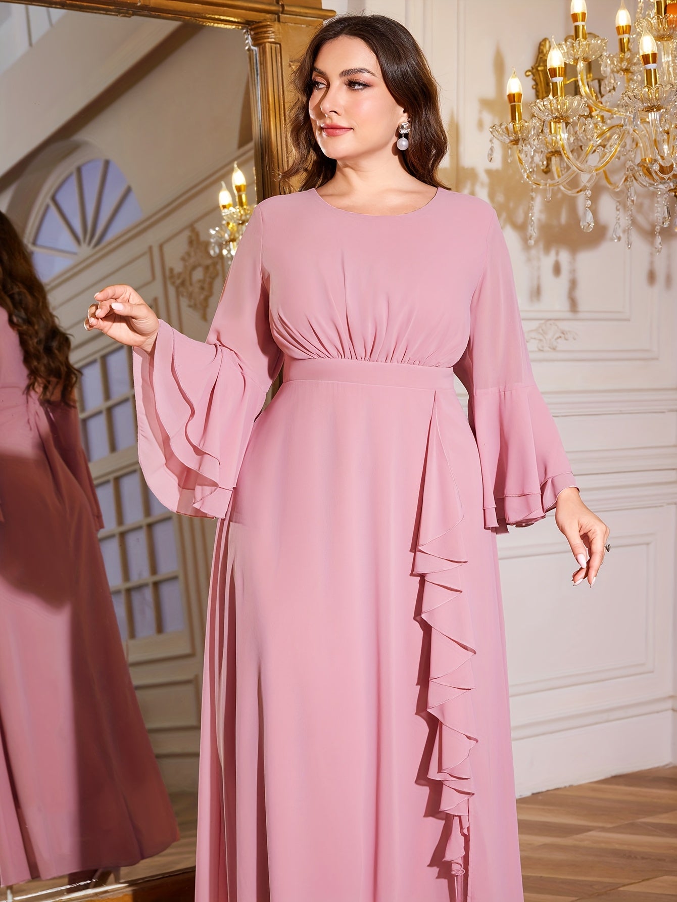 Plus Size Bridesmaid Dress Ruched Waist Ruffle Crew Neck Solid All-Season
