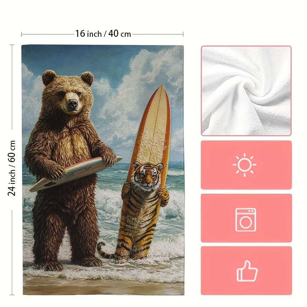 2 Ultra Soft Kitchen Towels Surfer Bear Tiger Designs 16x24 Inches Absorbent