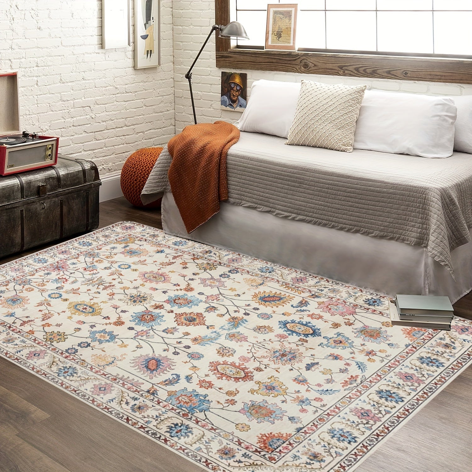 Beige White Floral Area Rug Anti-Fatigue Non-Slip Water-Absorbent Kitchen Living Room