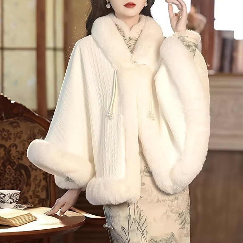 White Faux Fur Cape with Pearl Accents for Winter Elegant Shawl for Formal Occasions