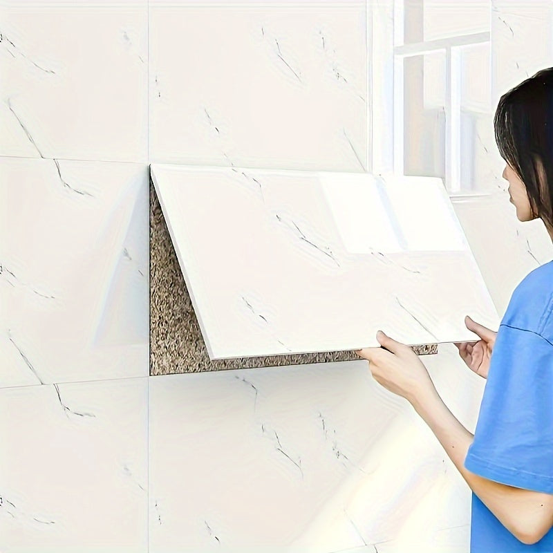 32 pieces of 3D marble pattern self-adhesive wall tiles, waterproof PVC, glossy finish, contemporary style, easy to apply and washable. Can be used for kitchen, living room, and bathroom