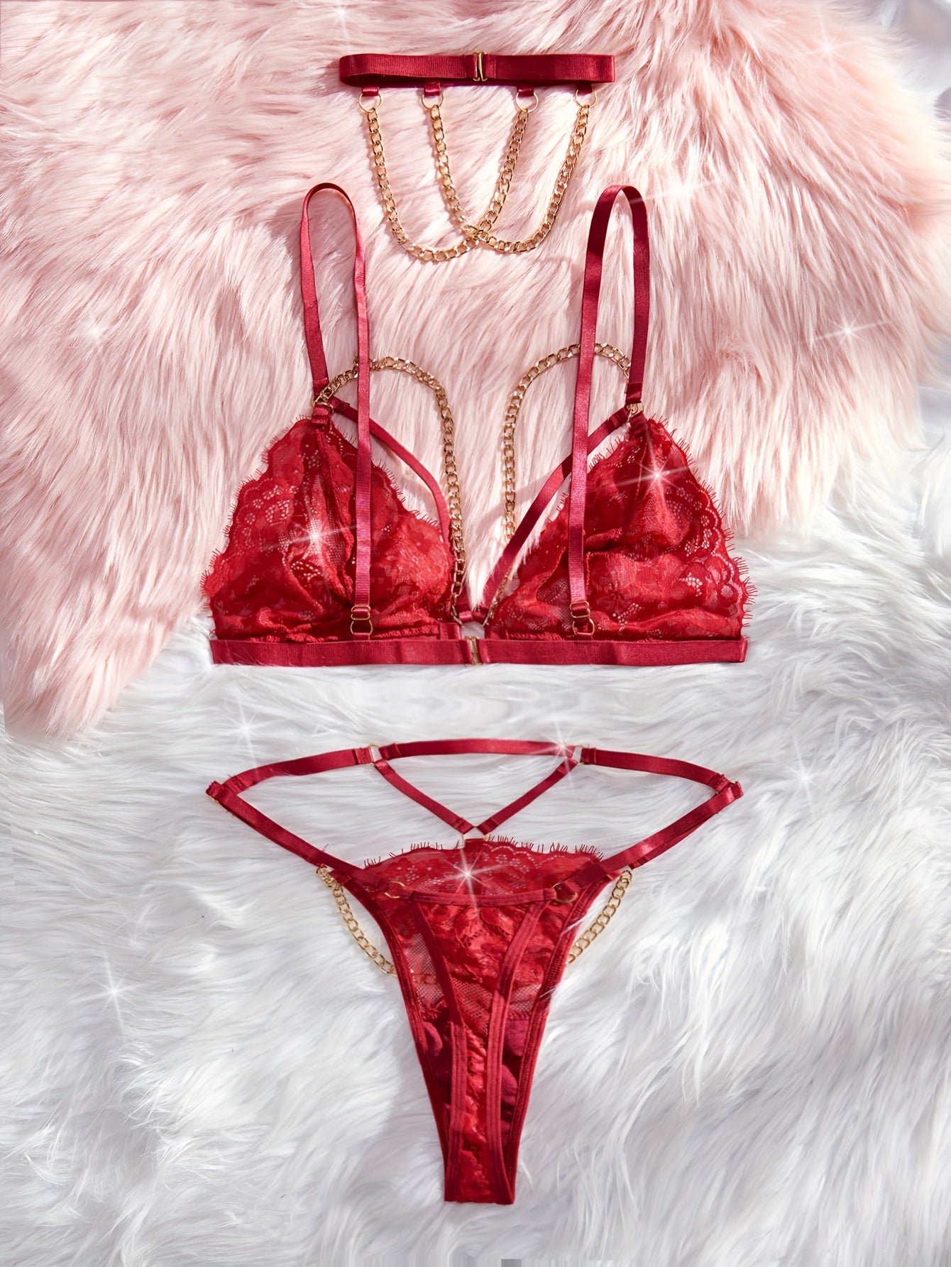 Lingerie Set with Floral Eyelash Lace, Gold Chain Bra, Hollow Thong and Chain Neck Ring