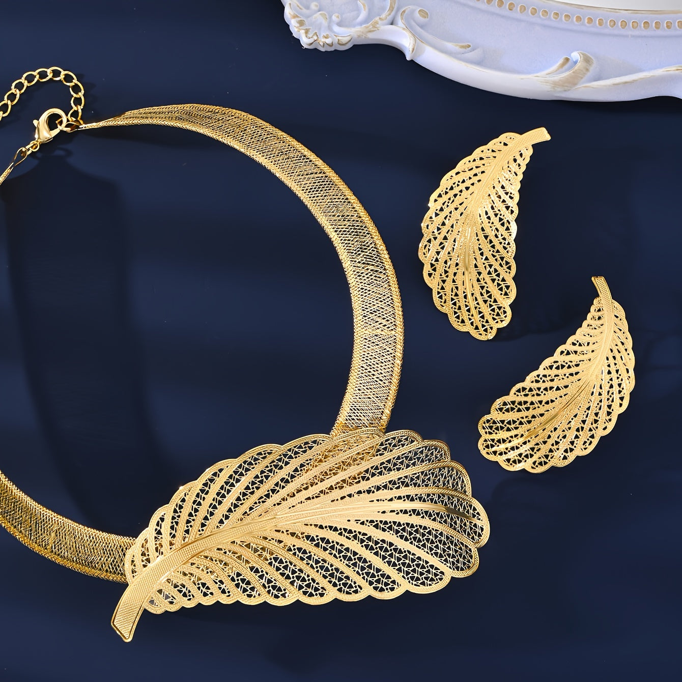 Golden Plated Jewelry Set with Earrings Necklace Ring and Bracelet Middle Eastern Vintage Style