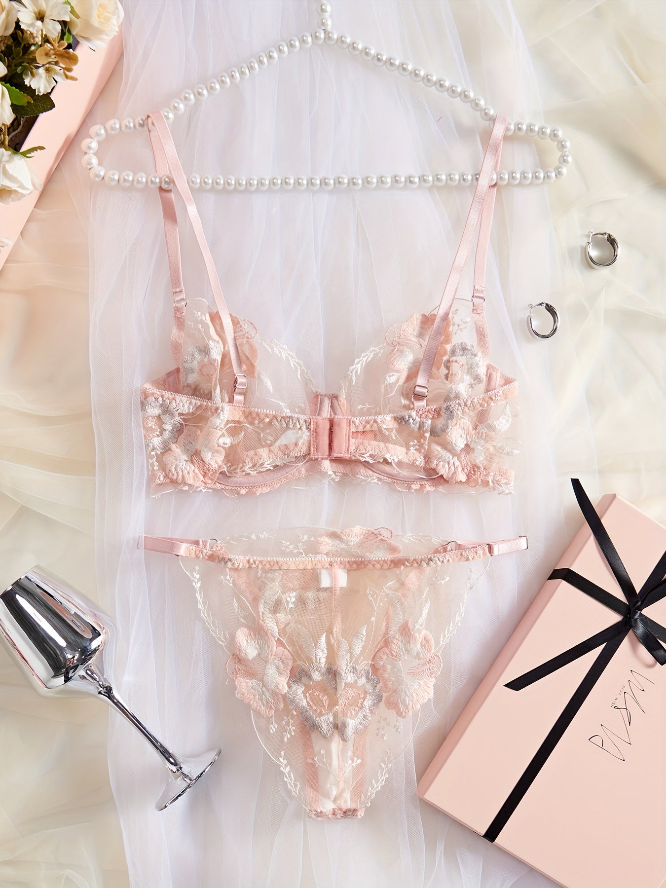 Women's Floral Lace Lingerie Set with Semi-Sheer Bra and Thong