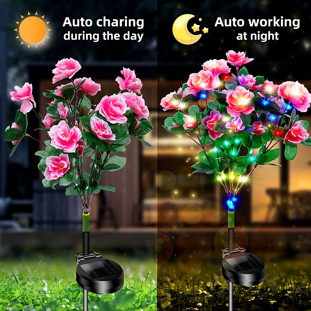 4-Pack Outdoor Solar Garden Lights Azalea Flower LED Pathway Stake Multicolor